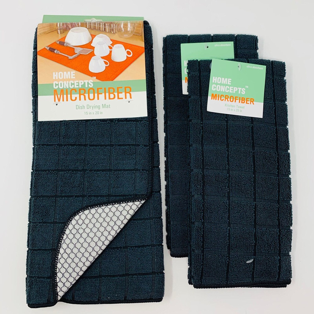 Dish Drying Mat Kitchen Towels Black Microfiber 3 PC Set